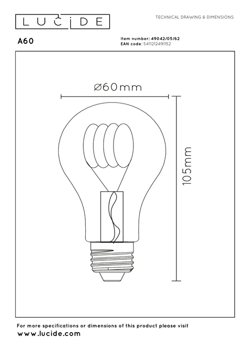 Lucide A60 - Filament lamp - Ø 6 cm - LED Dimb. - E27 - 1x4,9W 2200K - Amber - technisch